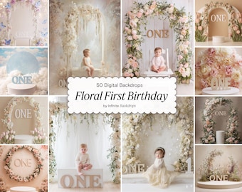 First Birthday Floral Digital Backdrops Set: One Year Baby Backgrounds, Studio Photography, JPG Download