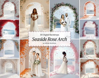 Seaside Rose Arch Backdrop – Maternity, Bridal, Romantic Floral Digital Background – Minimal Ocean Arch Overlay for Fine Art Photography