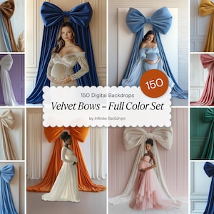 Samtschleifen-Kulissen, 150 bunte Schleifen-Overlays für Photoshop, Mutterschaft & Gender Reveal, Hochzeitsstudio-Hintergründe, Digital JPG Pack