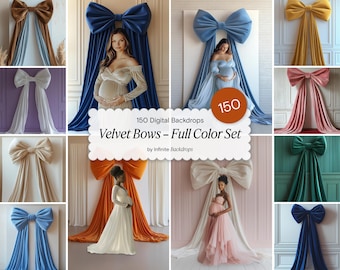 Velvet Bow Backdrops, 150 Colorful Ribbon Overlays for Photoshop, Maternity & Gender Reveal, Wedding Studio Backgrounds, Digital JPG Pack