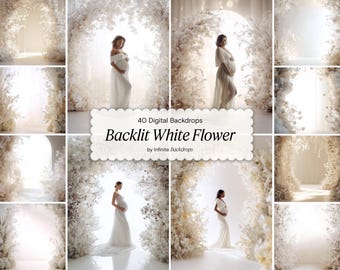 White Flower Arch Digital Backdrop Set: Backlit Floral Fine Art Backgrounds Maternity Studio Photography