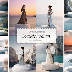 Seaside Podium Backgrounds, Marble Stage Backdrops, Dreamy Podium Background Product Mockup, Maternity & Studio Backdrops for Photoshop
