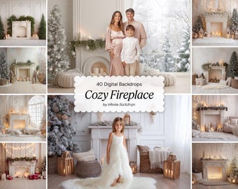 Christmas Fireplace Backdrops: Cozy Holiday Interiors & Studio Photography, Xmas Photo Overlays (Digital Download)