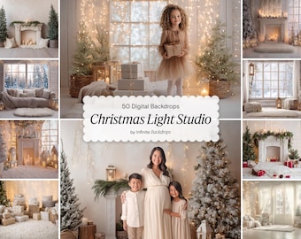 May include: A collage of Christmas-themed digital backdrops. The images feature festive scenes with Christmas trees, fireplaces, and soft lighting. The text reads "50 Digital Backdrops Christmas Light Studio by Infinite Backdrops."