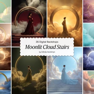 May include: A selection of digital backdrops depicting figures on cloud staircases, framed by golden rings. The text reads "35 Digital Backdrops Moonlit Cloud Stairs by Infinite Backdrops."