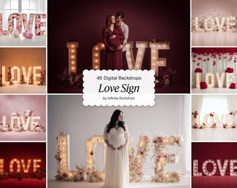 Valentines Day Love Sign Maternity Backdrops Set: Background for Studio Photography, Floral Texture Overlay, Fine Art Studio