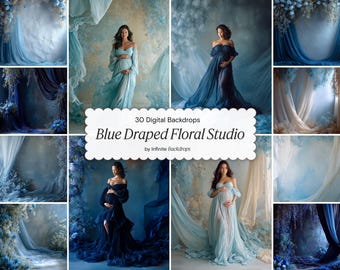Blue Draped Floral Studio Backdrops: Cream Floral Blush Arch Digital Backgrounds for Photography, Baby’s Breath Digital Set