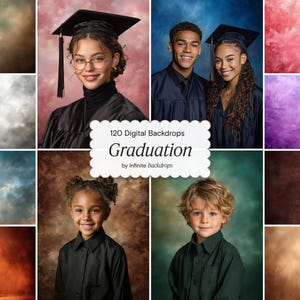 Può includere: Un collage di sfondi digitali per ritratti di laurea. L'immagine include ritratti di persone con cappelli e vesti di laurea, insieme a vari sfondi strutturati. Il testo sull'immagine recita "120 Digital Backdrops Graduation by Infinite Backdrops."