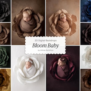 Pode incluir: Uma colagem de fundos digitais com grandes rosas de papel em várias cores, incluindo preto, castanho e branco. Várias imagens mostram um recém-nascido envolto em tecido e aninhado dentro de uma rosa. O texto "20 Digital Backdrops Bloom Baby" é exibido.