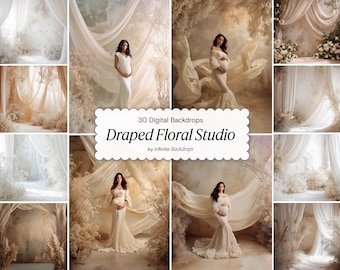 Warm Draped Floral Studio Backdrops | Cream Floral White Arch Digital Backgrounds for Photography | Baby’s Breath Digital Set