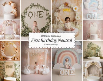 First Birthday Digital Backdrops Set: Neutral One Year Floral Backgrounds, Studio Photography Digital Backdrops, JPG Download