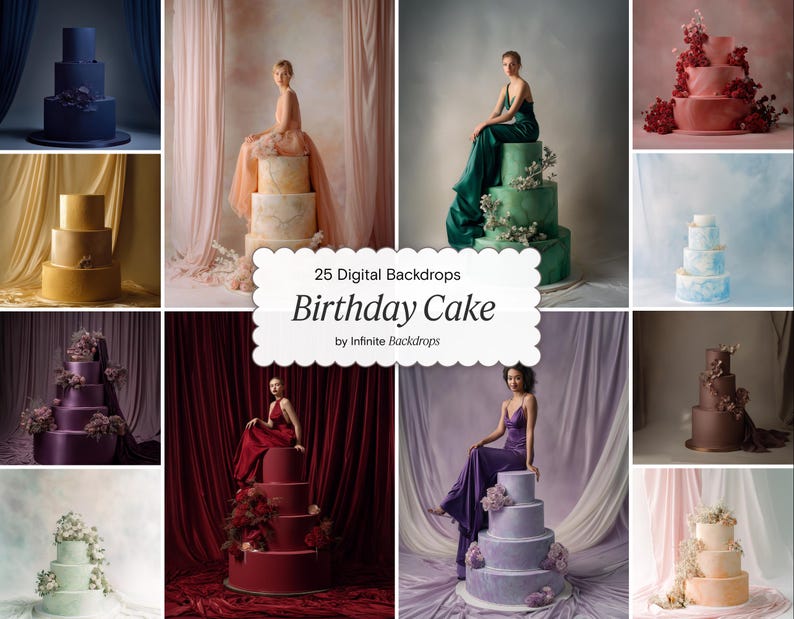 May include: A collection of digital backdrops featuring various birthday cakes. The cakes are multi-tiered and decorated with flowers and frosting. The cakes are in different colors, including blue, green, purple, and pink. The text on the image says "25 Digital Backdrops Birthday Cake by Infinite Backdrops."