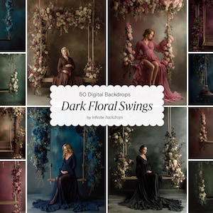 May include: A collection of digital backdrops featuring floral swings. The images showcase pregnant individuals in elegant gowns, seated on wooden swings adorned with flowers. The backgrounds vary in color, with dark and moody tones.