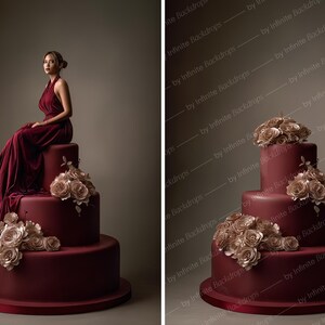 May include: A three-tiered burgundy cake decorated with gold-colored roses. A person in a burgundy dress sits atop the cake. The cake is on a burgundy base, with a neutral background.
