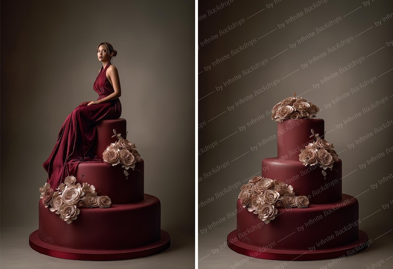 May include: A three-tiered burgundy cake decorated with gold-colored roses. A person in a burgundy dress sits atop the cake. The cake is on a burgundy base, with a neutral background.
