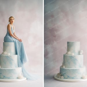May include: A three-tiered cake with a light blue marble design, adorned with white floral accents. A person in a flowing blue gown sits atop the cake. The background features a soft, cloudy pink and gray backdrop.