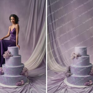 May include: A four-tiered cake with a lavender marble design, adorned with floral accents. The cake is on a white base, set against a backdrop of draped fabric in shades of purple and white. The image also features a person in a purple dress.