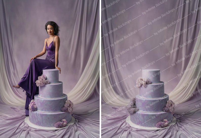 May include: A four-tiered cake with a lavender marble design, adorned with floral accents. The cake is on a white base, set against a backdrop of draped fabric in shades of purple and white. The image also features a person in a purple dress.