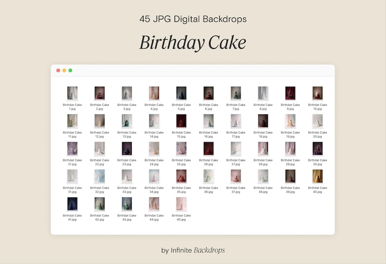 May include: A digital product display featuring 45 JPG digital backdrops with birthday cake themes. The product is presented in a windowed display with the title "Birthday Cake" and the creator's name, "Infinite Backdrops."