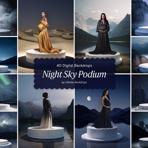 May include: A collage of digital backdrops featuring pregnant individuals on white podiums. The backdrops showcase night sky themes with mountains, water, and celestial elements. Text reads "40 Digital Backdrops Night Sky Podium by Infinite Backdrops."