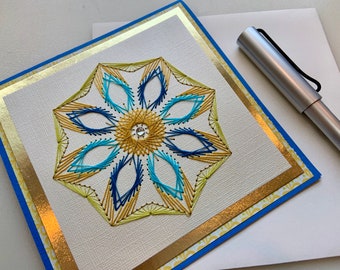 Blue Yellow Mandala Embroidered Stitched Greeting Card