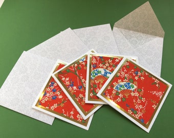 Red Floral Fan Origami Gift Enclosure Cards Envelopes, Set of 4