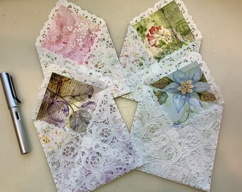 Lace Doily Lined Junk Journal Shabby Chic Envelopes, Set of 4