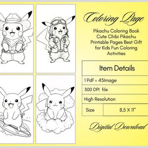 Libro para colorear de Pikachu: 45 adorables páginas de Pikachu chibi / Imprimible tamaño carta (EE. UU.) / El mejor regalo para niños / Blanco y negro