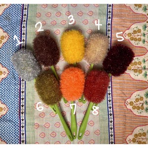 May include: An assortment of eight colorful scrub brushes with green handles. The scrub heads are in various colors, including silver, brown, yellow, beige, burgundy, olive green, orange, and red. The brushes are arranged in a row.