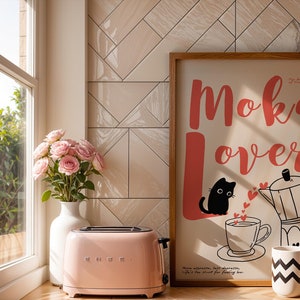 Moka Poster I – "Moka Lover with Cat" with Elegant Line Art of Moka Pot – A Perfect Addition for Coffee Lovers and Kitchen Decor
