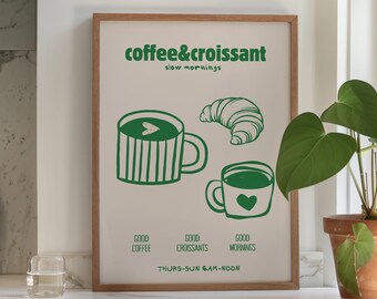 Impresión de cocina con café y croissant: arte mural minimalista para cafetería