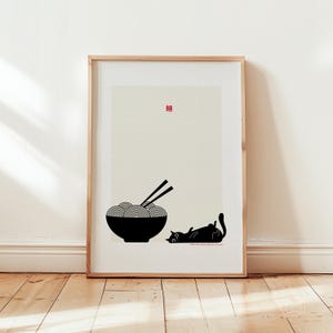 Poster giapponese "Noodles And Cat II" / Arte murale giapponese / Spaghetti Japandi / Poster giapponese / Arte gastronomica / Poster retrò con finitura venata