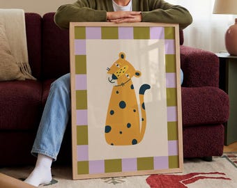 Leoparden Poster – Tierillustration mit kariertem Rahmen
