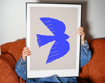 Blue Bird Abstract Poster – Minimalist Scandinavian Wall Art, Modern Nature Print
