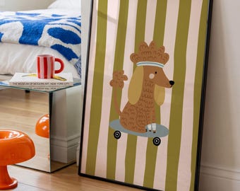 Dog Skateboard Poster – Scandinavian Animal Print, Minimalist Kids Room Decor