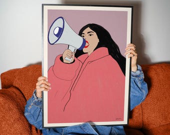 Feminist Megaphone Wall Art | Woman Empowerment Illustration, Girl Power Decor