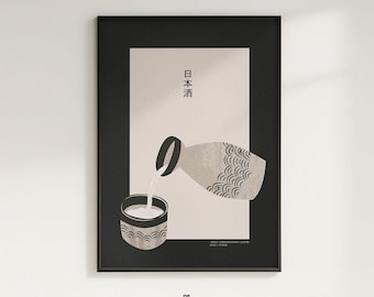 Poster Sake – Japandi Japanese Retro Illustration with Grain Finish, Minimalist Food and Cocktail Art for Kitchen and Bar Wall Decor