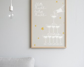 Póster de bebidas navideñas: Impresión minimalista de torre de champán bohemia