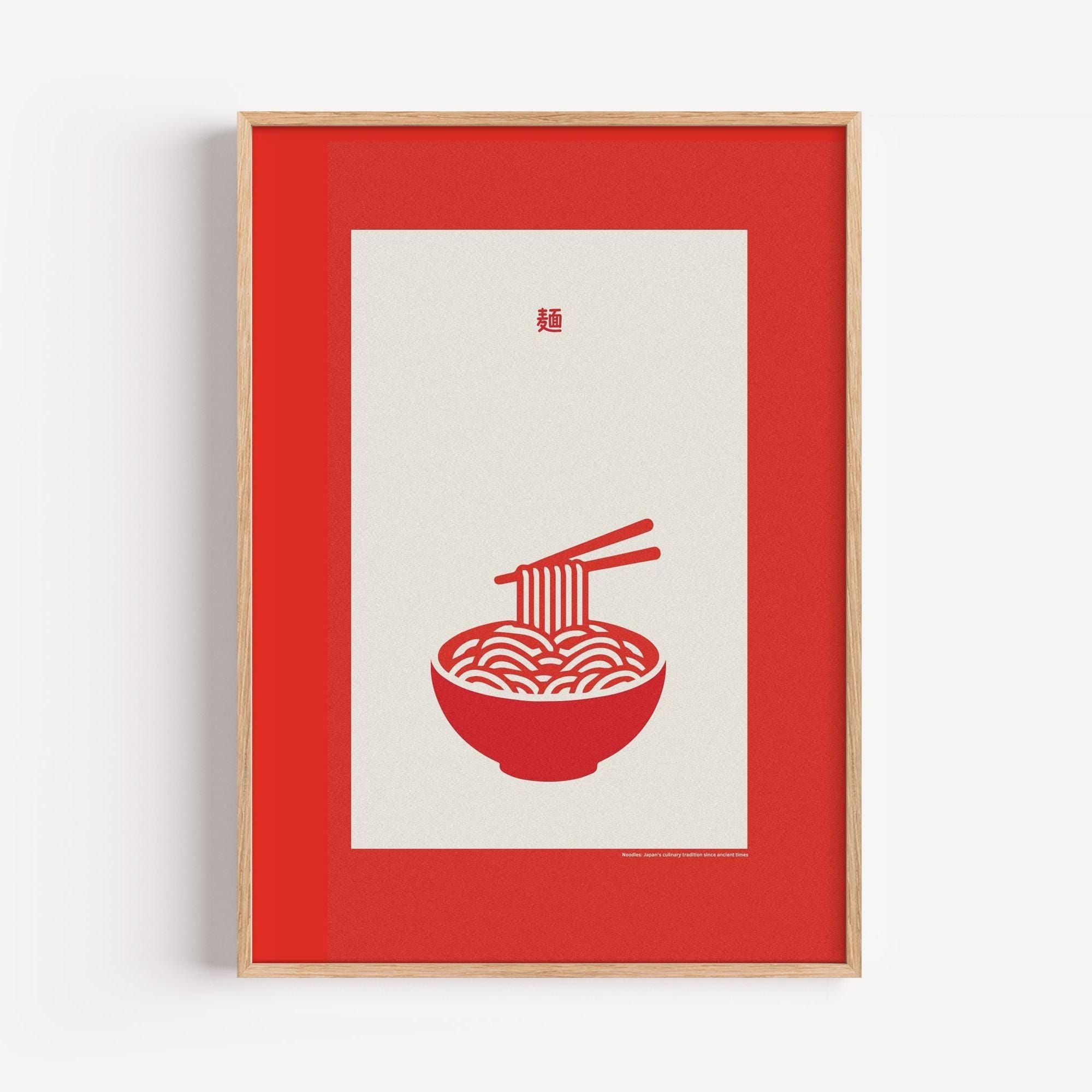 Japan Noodles Poster | Red Poster with Noodles Bowl | Japanese Culinary Tradition | Red Frame | Gift for Food Lover