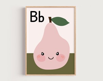 Pear Nursery Print: Pastel Fruit Illustration, Scandinavian Kids Decor