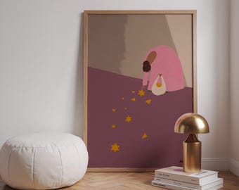 Abstract Feminine Art Print | Collecting Stars Wall Art | Pink Minimalist Poster | Inspirational Modern Illustration
