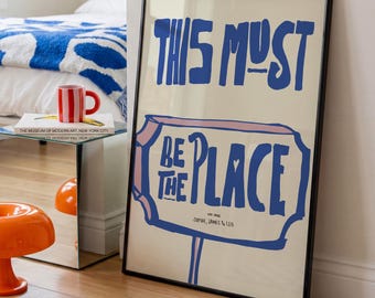 Personalized This Must Be the Place Poster, Custom Family Name Print, Modern Blue Typography Wall Art, New Home Gift