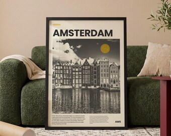 Amsterdam Poster | Vintage City Travel Print | Black White Canal Wall Art | Netherlands Poster | Modern European City Decor