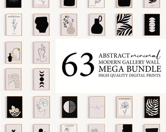 Megapaquete de pósteres de pared con diseño bohemio moderno, 63 piezas, estilo abstracto neutro, decoración minimalista para el hogar en beige, negro y crema.