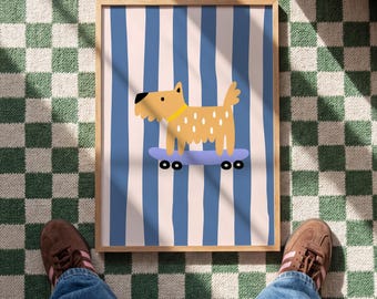 Dog Skateboard Poster – Scandinavian Stripes Kids Room Art