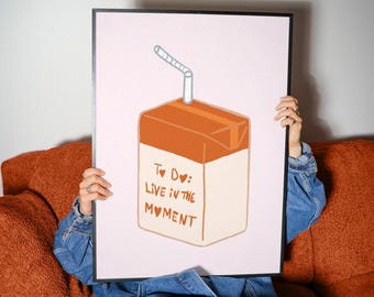 Live In The Moment Juice Box Print, Minimalist Pink Wall Art, Playful Typography Decor