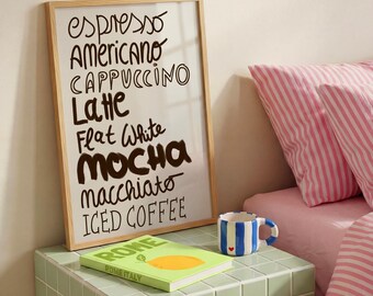 Coffee Poster, Espresso Cappuccino Latte Wall Art, Coffee Bar Print, Kitchen Poster, Cafe Wall Decor, Typography Coffee Lover Gift