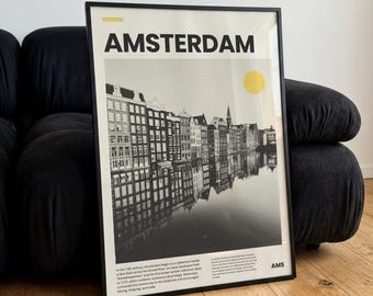 Amsterdam Poster | Vintage City Travel Print | Black White Canal Wall Art | Netherlands Poster | Modern European City Decor