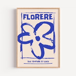 Desenho de flor azul do mar profundo | Impressão de arte floral abstrata | Pôster de ilustração botânica | Presente para amantes da natureza Sala de estar | Lineart minimalista