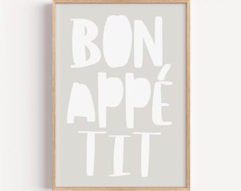 Poster da cucina "Bon Appétit" / Stampa tipografica elegante in bianco e beige per aggiungere un tocco caldo al tuo soggiorno / Stampa da cucina / Regalo per lei